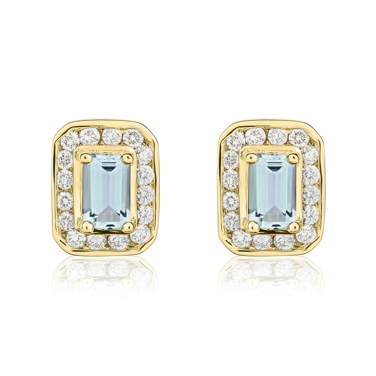 9ct Yellow Gold Octagonal Natural Aquamarine & Diamond Claw Set Cluster Stud Earrings — 5x3mm