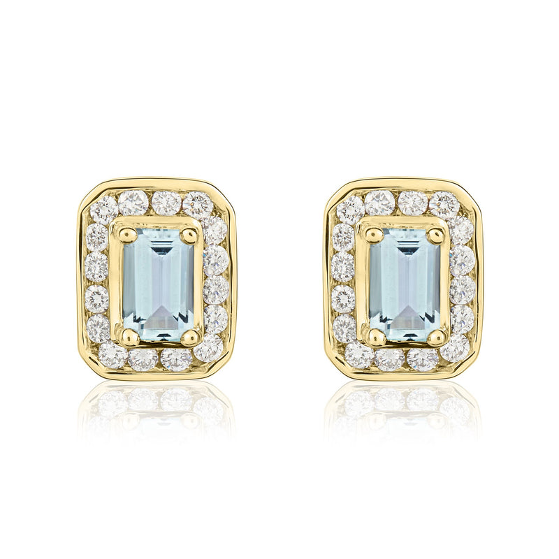 9ct Yellow Gold Octagonal Natural Aquamarine & Diamond Claw Set Cluster Stud Earrings — 5x3mm
