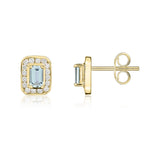 9ct Yellow Gold Octagonal Natural Aquamarine & Diamond Claw Set Cluster Stud Earrings — 5x3mm