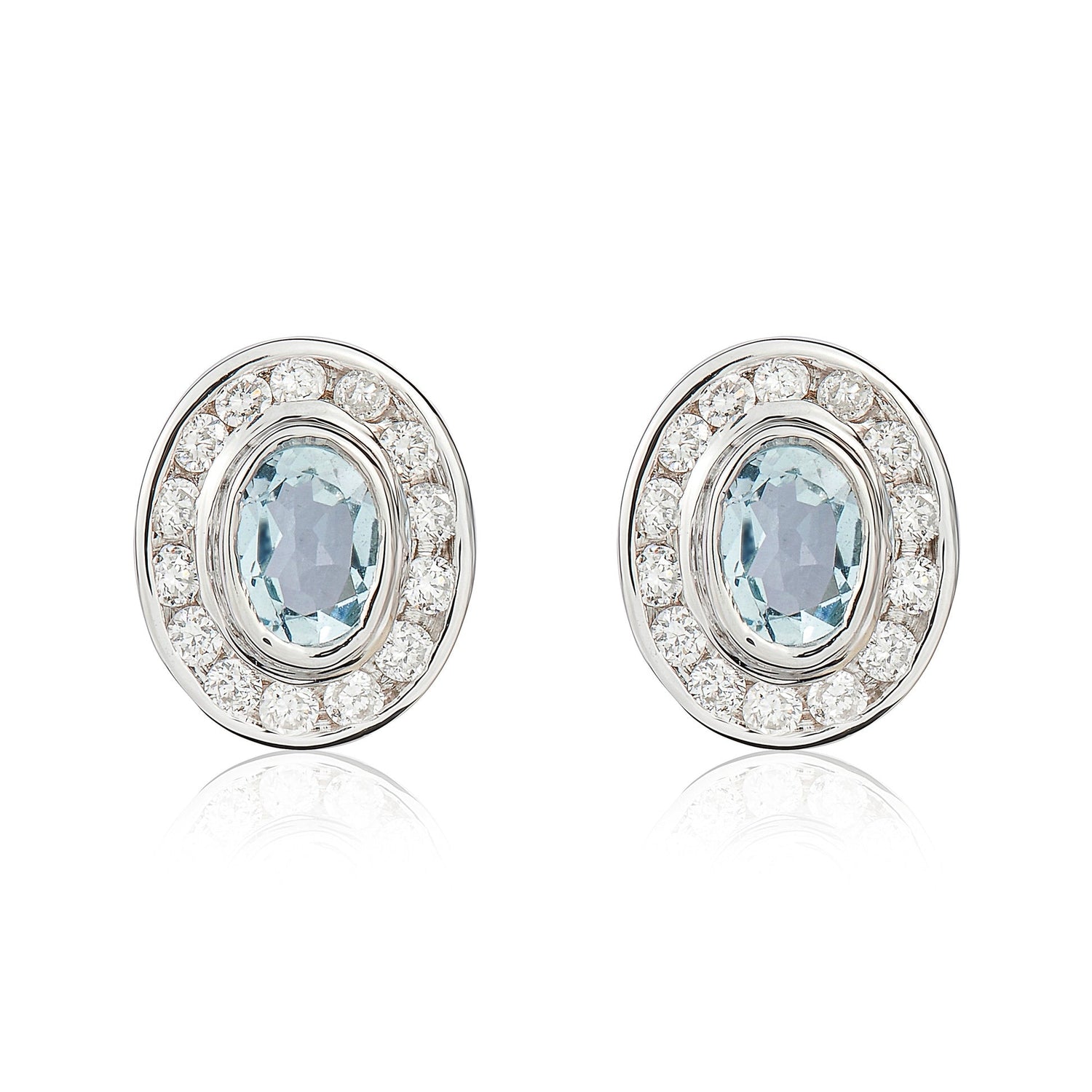 9ct White Gold Oval Natural Aquamarine and Diamond Cluster Earrings — 4x3mm