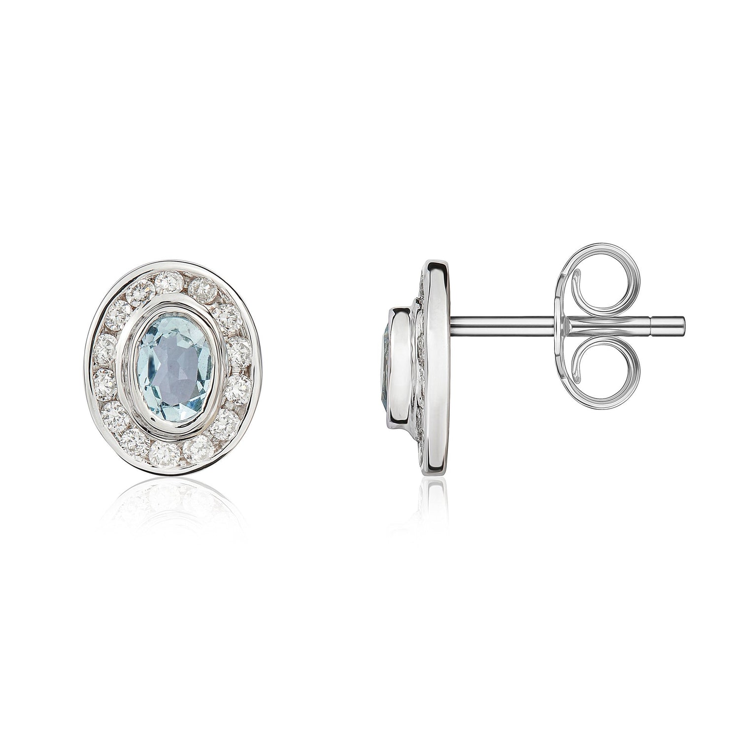 9ct White Gold Oval Natural Aquamarine and Diamond Cluster Earrings — 4x3mm