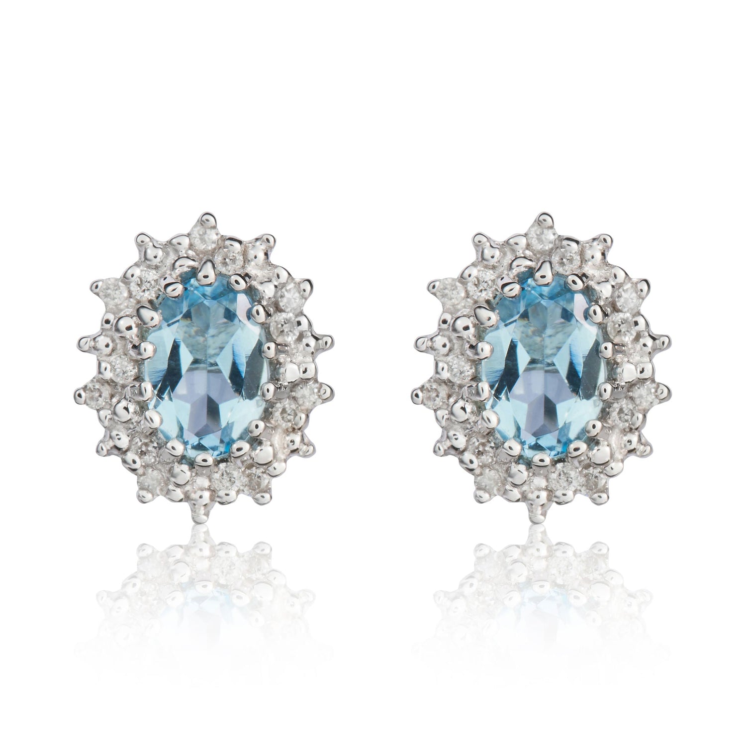 9ct White Gold Oval Aquamarine & Diamond Claw Set Cluster Stud Earrings — 6x4mm