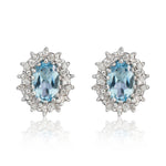 9ct White Gold Oval Natural Aquamarine & Diamond Claw Set Cluster Stud Earrings — 6x4mm