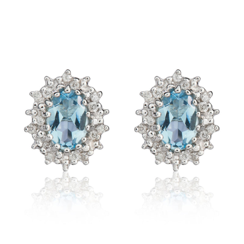 9ct White Gold Oval Natural Aquamarine & Diamond Claw Set Cluster Stud Earrings — 6x4mm