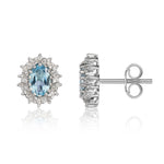 9ct White Gold Oval Natural Aquamarine & Diamond Claw Set Cluster Stud Earrings — 6x4mm