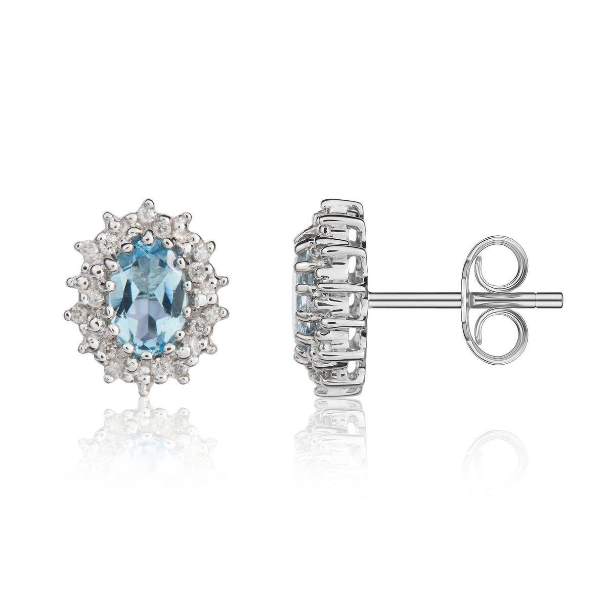 9ct White Gold Oval Natural Aquamarine & Diamond Claw Set Cluster Stud Earrings — 6x4mm