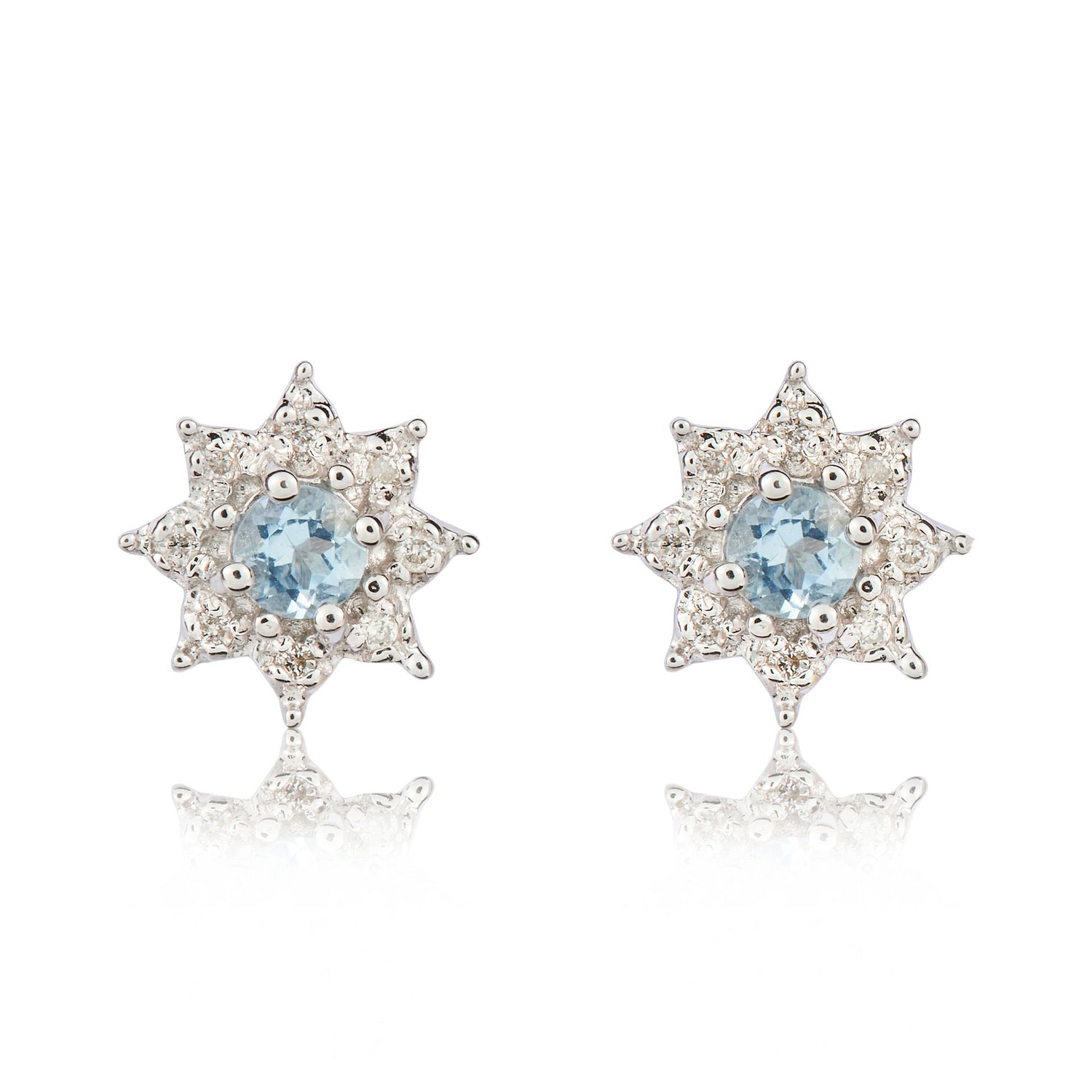 9ct White Gold Round Natural Aquamarine and Diamond Cluster Earrings — 3mm