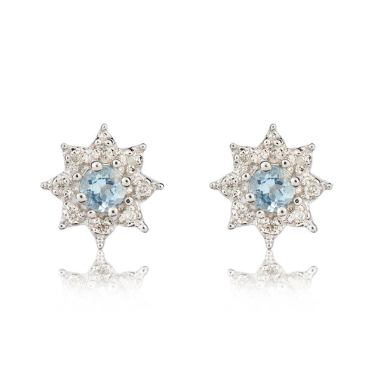 9ct White Gold Round Natural Aquamarine and Diamond Cluster Earrings — 3mm