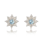9ct White Gold Round Natural Aquamarine & Diamond Claw Set Cluster Stud Earrings — 3mm