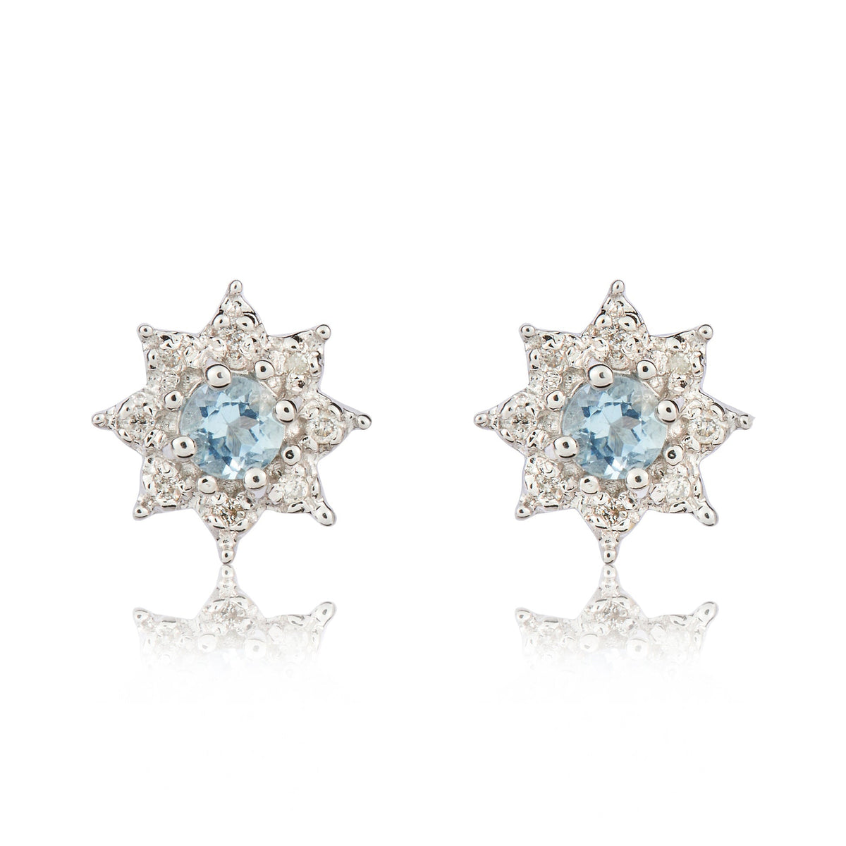 9ct White Gold Round Natural Aquamarine & Diamond Claw Set Cluster Stud Earrings — 3mm
