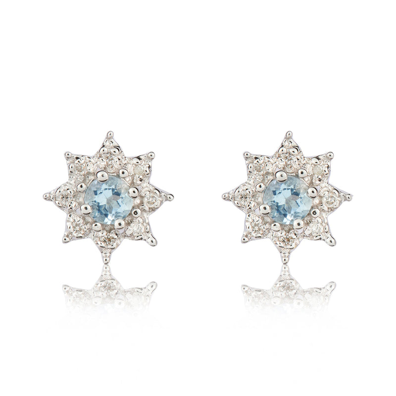 9ct White Gold Round Natural Aquamarine & Diamond Claw Set Cluster Stud Earrings — 3mm