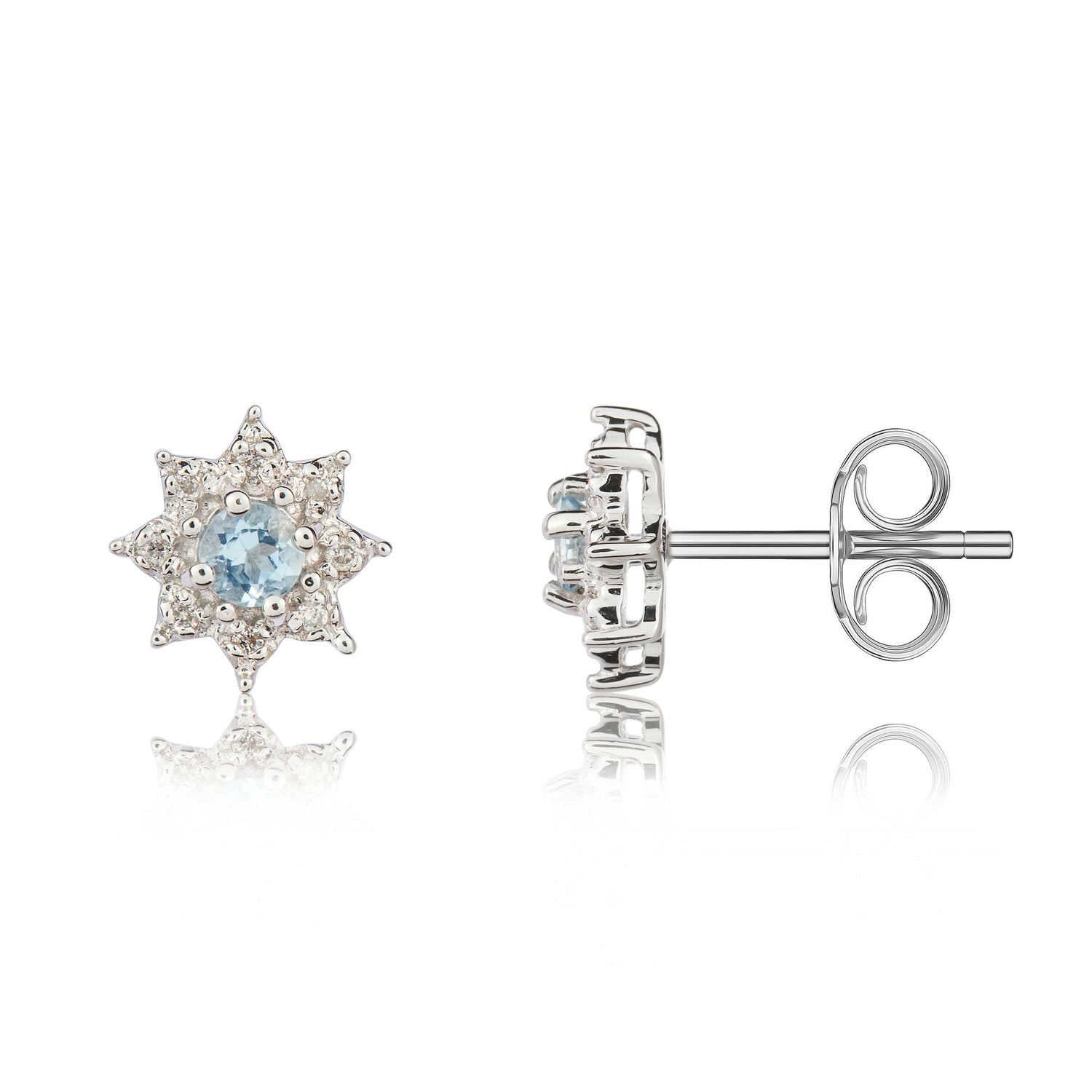 9ct White Gold Round Natural Aquamarine and Diamond Cluster Earrings — 3mm