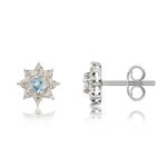 9ct White Gold Round Natural Aquamarine & Diamond Claw Set Cluster Stud Earrings — 3mm