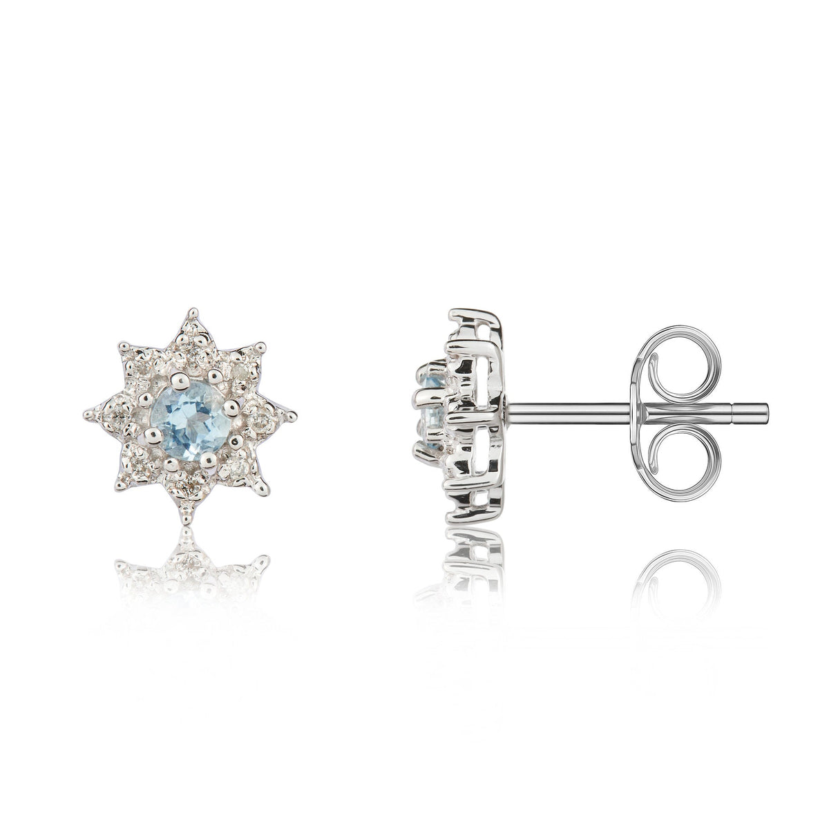 9ct White Gold Round Natural Aquamarine & Diamond Claw Set Cluster Stud Earrings — 3mm