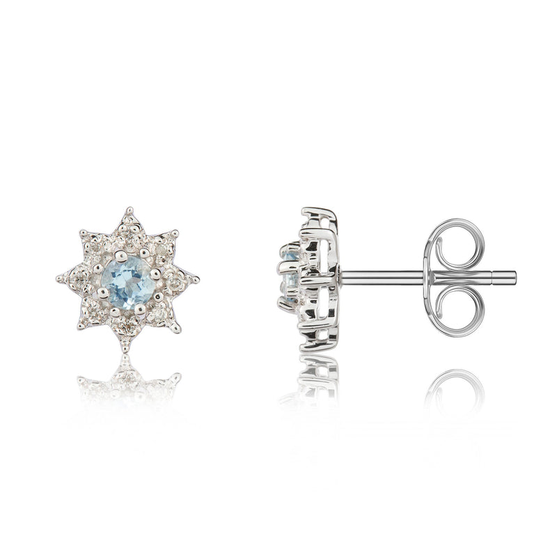 9ct White Gold Round Natural Aquamarine & Diamond Claw Set Cluster Stud Earrings — 3mm