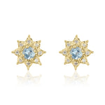 9ct Yellow Gold Round Natural Aquamarine & Diamond Claw Set Cluster Stud Earrings — 3mm