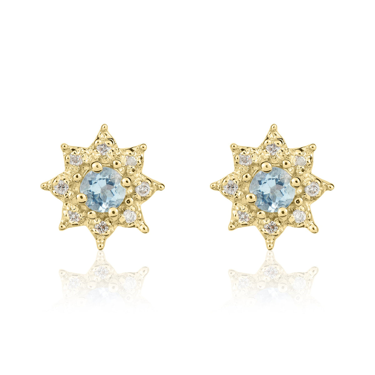 9ct Yellow Gold Round Natural Aquamarine & Diamond Claw Set Cluster Stud Earrings — 3mm