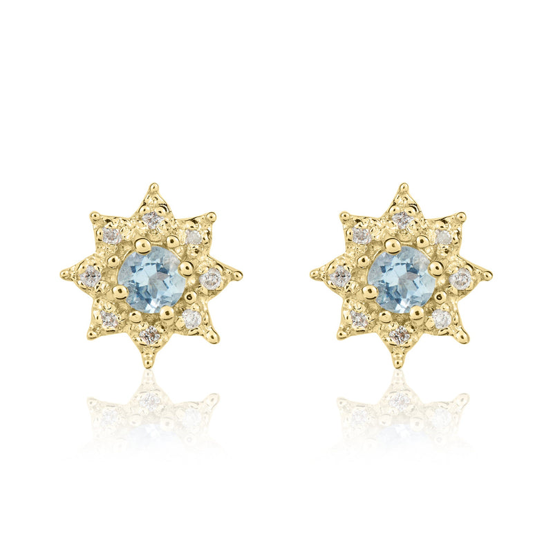9ct Yellow Gold Round Natural Aquamarine & Diamond Claw Set Cluster Stud Earrings — 3mm