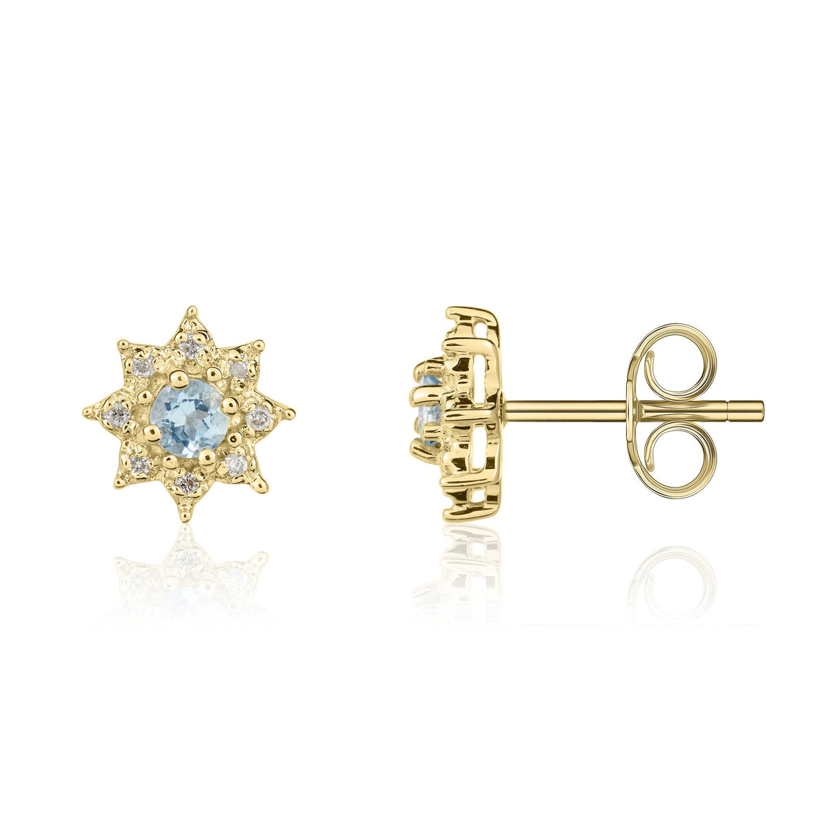 9ct Yellow Gold Round Natural Aquamarine & Diamond Claw Set Cluster Stud Earrings — 3mm