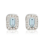 9ct White Gold Octagonal Natural Aquamarine & Diamond Claw Set Cluster Stud Earrings — 5x3mm