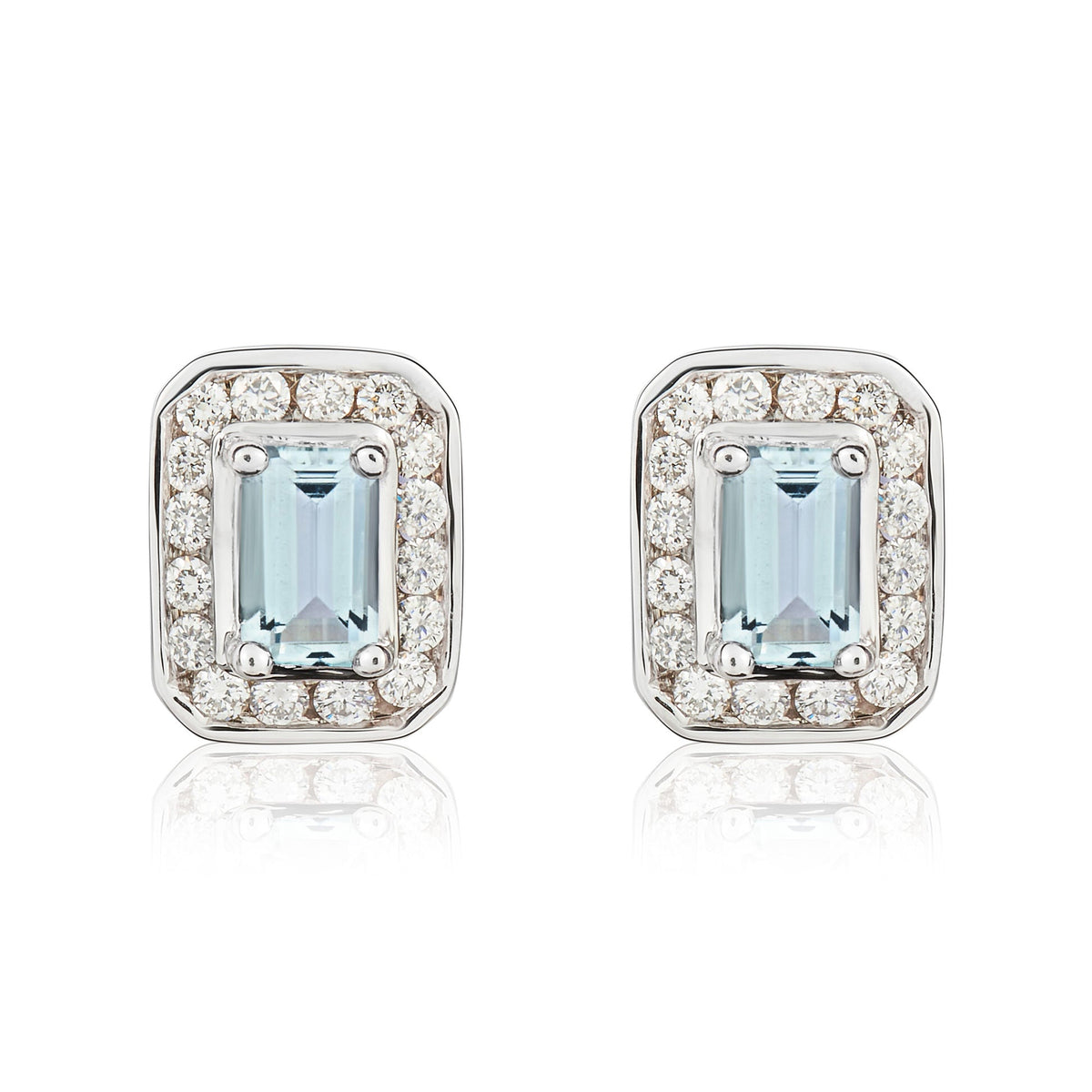 9ct White Gold Octagonal Natural Aquamarine & Diamond Claw Set Cluster Stud Earrings — 5x3mm