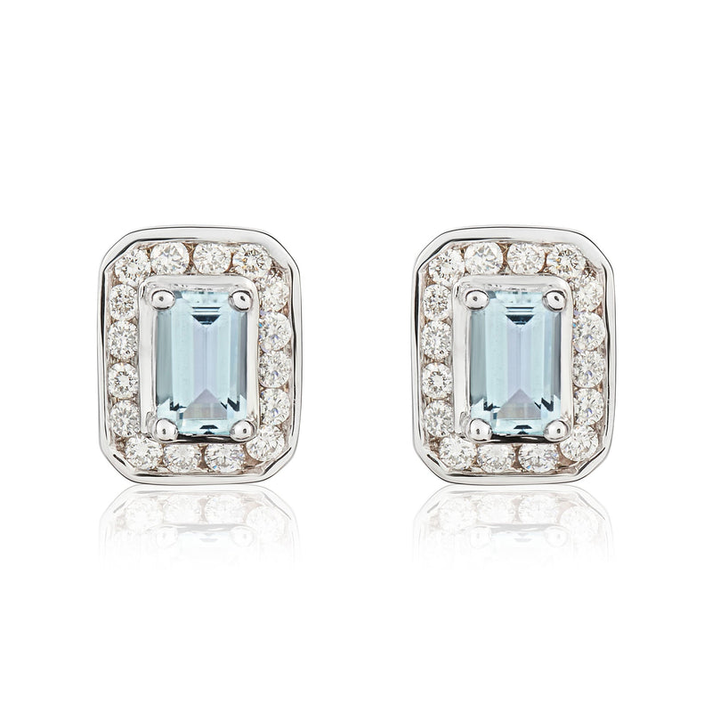 9ct White Gold Octagonal Natural Aquamarine & Diamond Claw Set Cluster Stud Earrings — 5x3mm