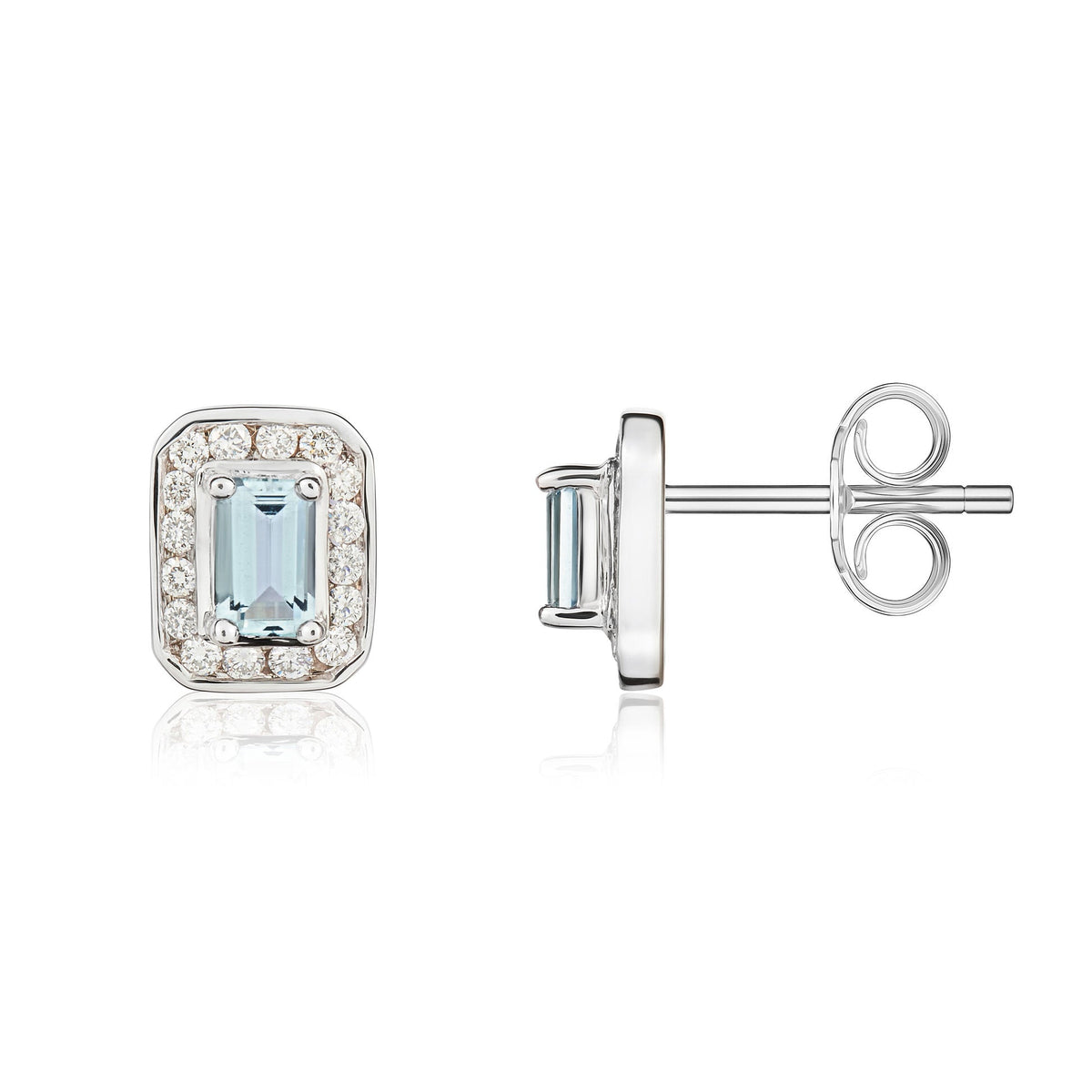 9ct White Gold Octagonal Natural Aquamarine & Diamond Claw Set Cluster Stud Earrings — 5x3mm