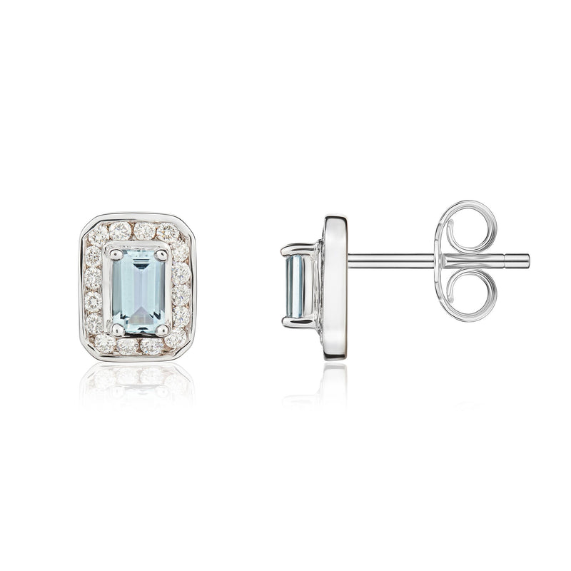 9ct White Gold Octagonal Natural Aquamarine & Diamond Claw Set Cluster Stud Earrings — 5x3mm