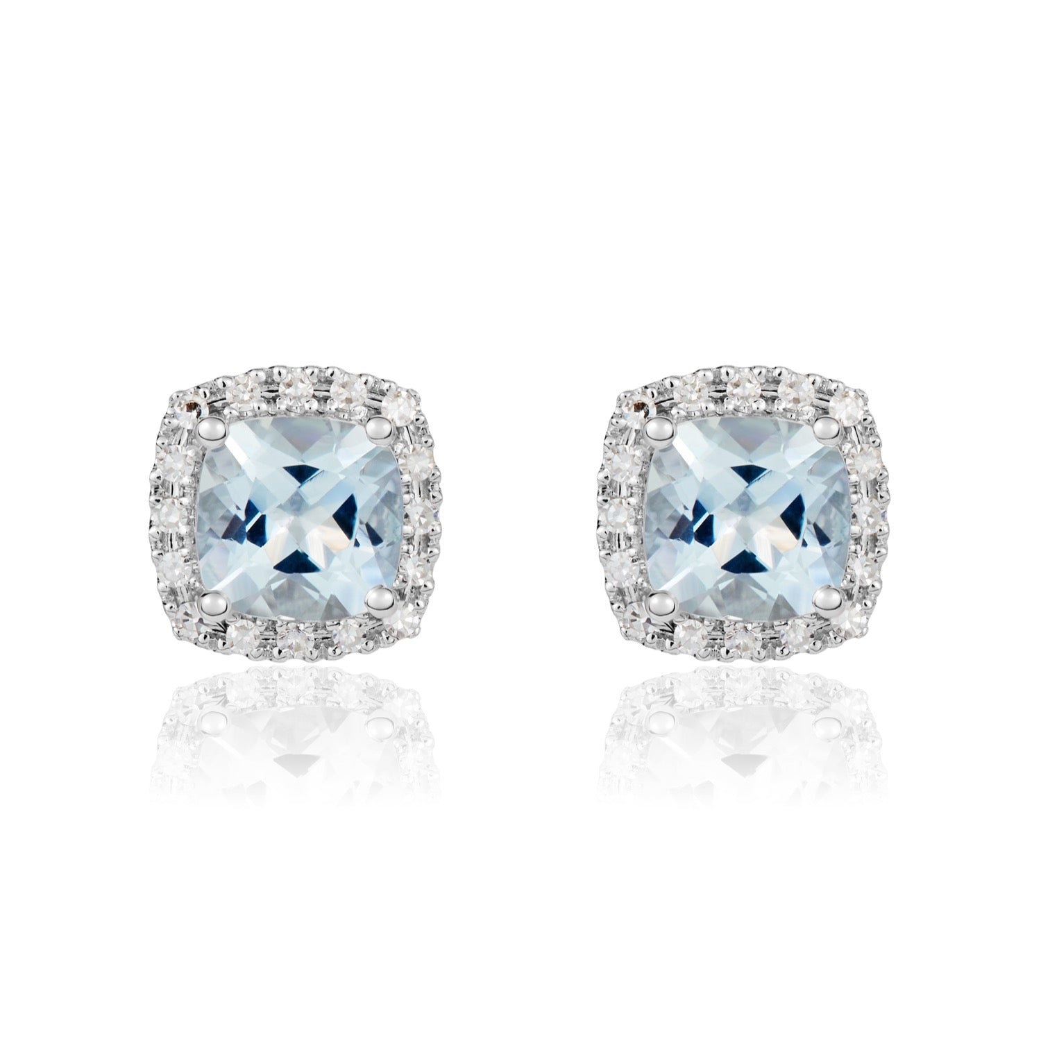 9ct White Gold Cushion Natural Aquamarine And Diamond Claw Set Cluster Earrings — 6mm