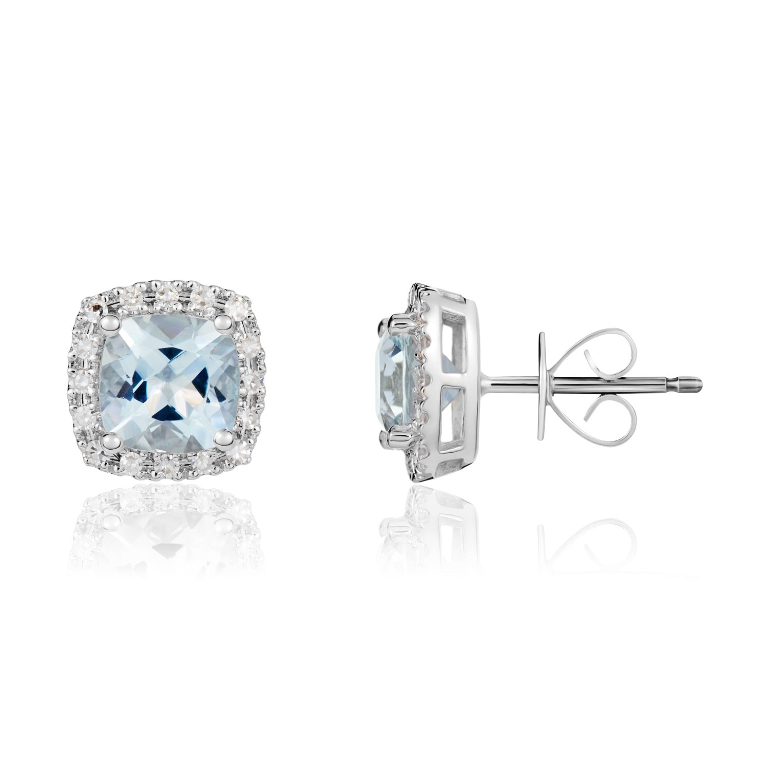 9ct White Gold Cushion Natural Aquamarine And Diamond Claw Set Cluster Earrings — 6mm