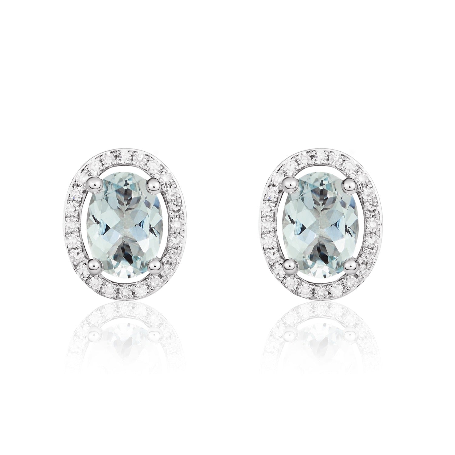 9ct White Gold Oval Natural Aquamarine and Diamond Halo Cluster Earrings — 7x5mm