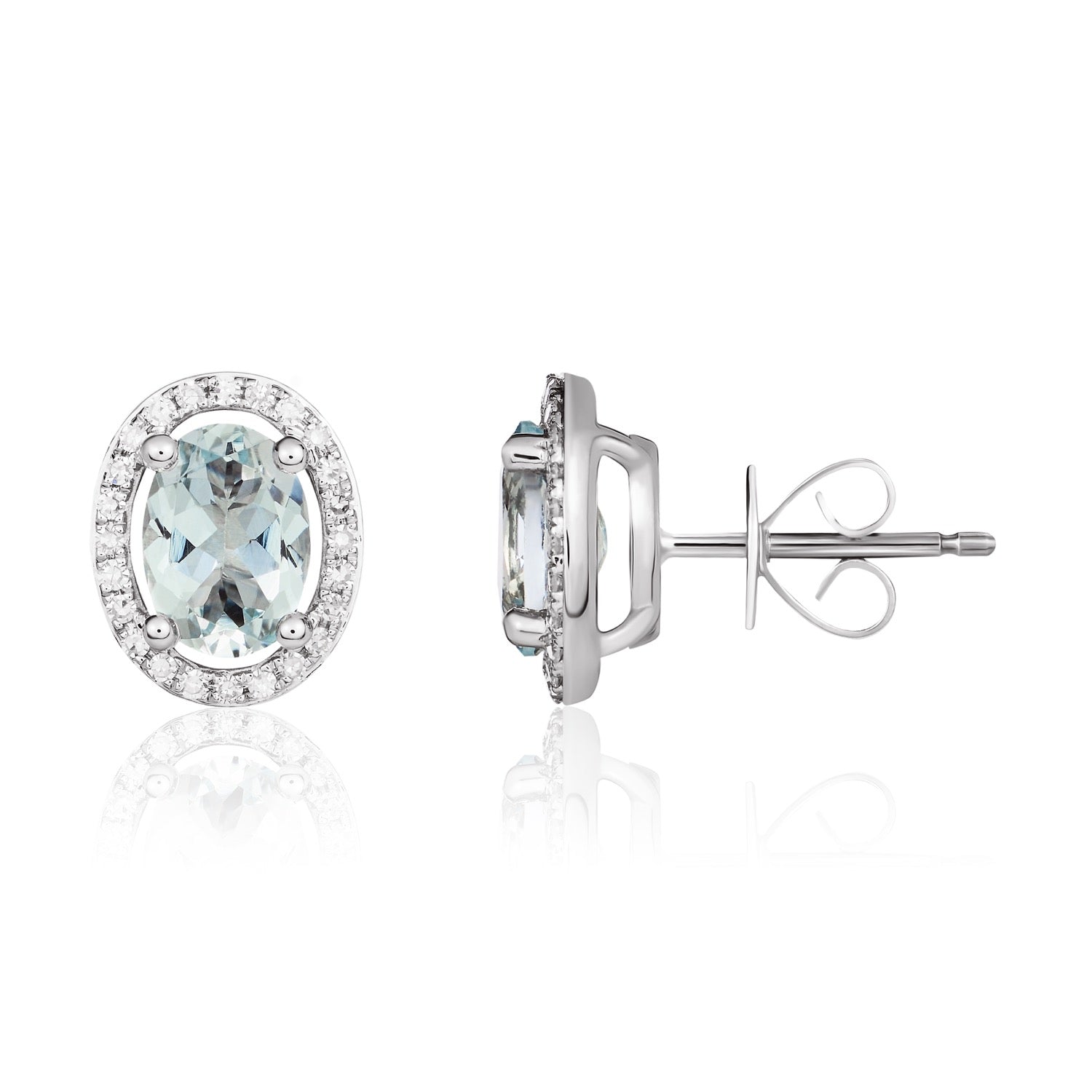 9ct White Gold Oval Natural Aquamarine and Diamond Halo Cluster Earrings — 7x5mm