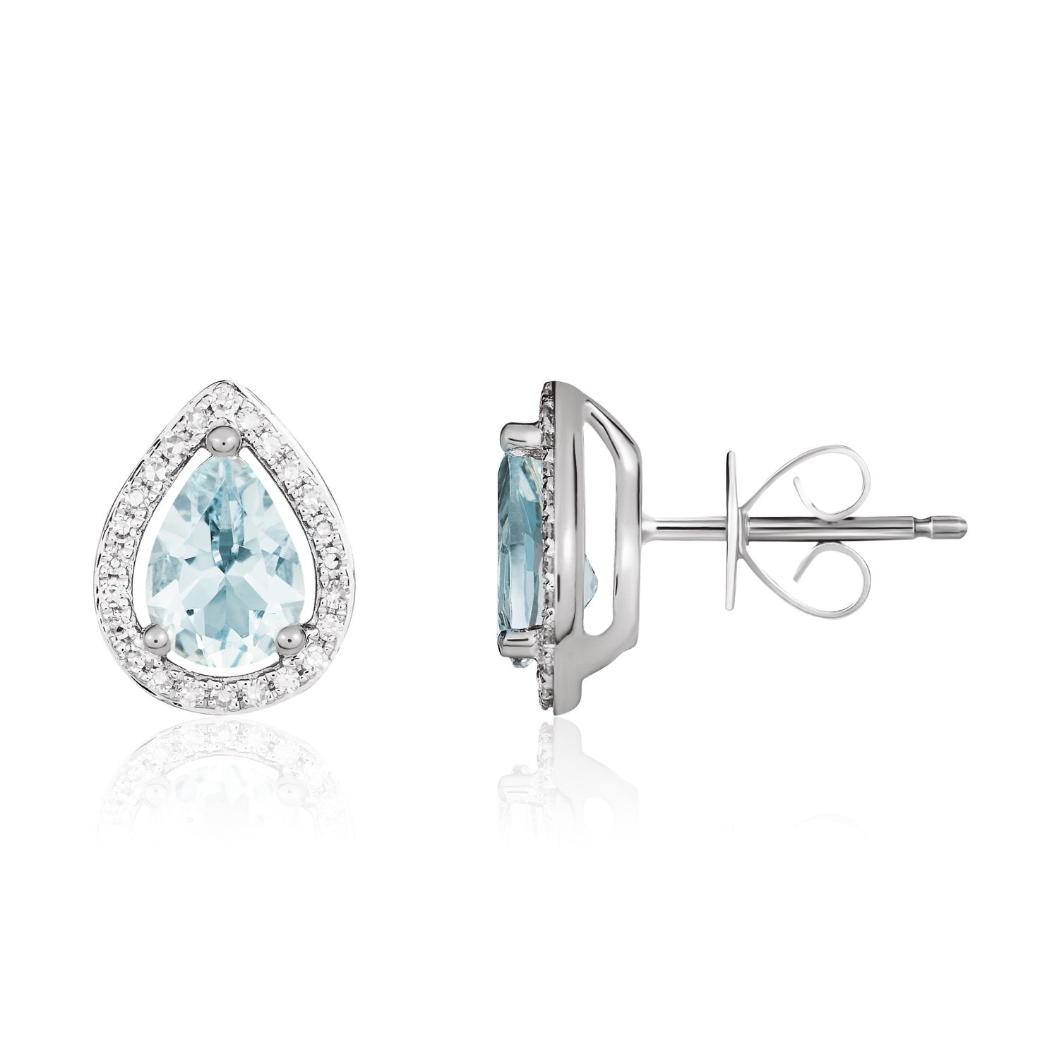 9ct White Gold Pear Shaped Natural Aquamarine and Diamond Halo Cluster Earrings — 7x5mm