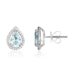 9ct White Gold Pear Shaped Natural Aquamarine & Diamond Halo Cluster Stud Earrings — 7x5mm