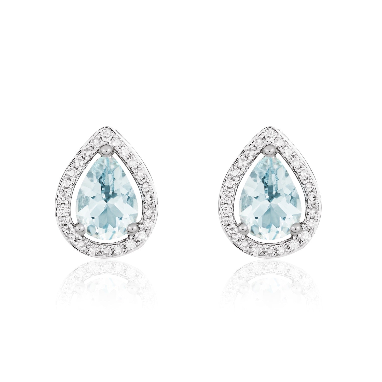 9ct White Gold Pear Shaped Natural Aquamarine and Diamond Halo Cluster Earrings — 7x5mm
