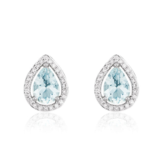 9ct White Gold Pear Shaped Natural Aquamarine and Diamond Halo Cluster Earrings — 7x5mm