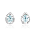 9ct White Gold Pear Shaped Natural Aquamarine & Diamond Halo Cluster Stud Earrings — 7x5mm