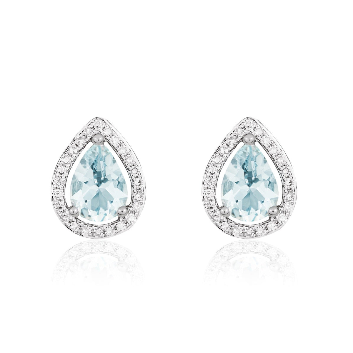 9ct White Gold Pear Shaped Natural Aquamarine & Diamond Halo Cluster Stud Earrings — 7x5mm