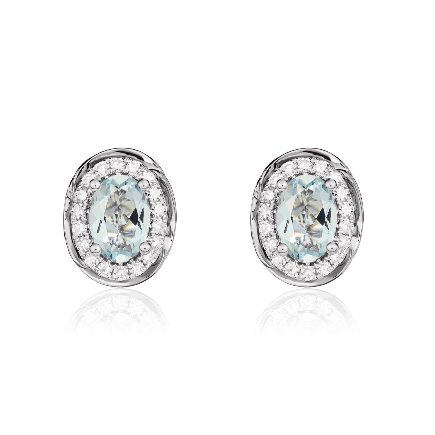 9ct White Gold Oval Natural Aquamarine and Diamond Cluster Earrings — 6x4mm