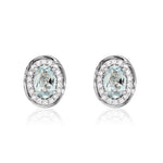 9ct White Gold Oval Natural Aquamarine & Diamond Rope Edge Cluster Stud Earrings — 6x4mm