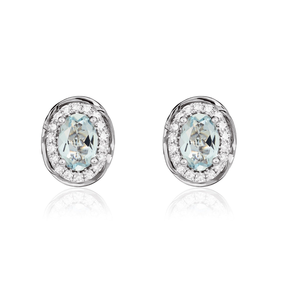 9ct White Gold Oval Natural Aquamarine & Diamond Rope Edge Cluster Stud Earrings — 6x4mm