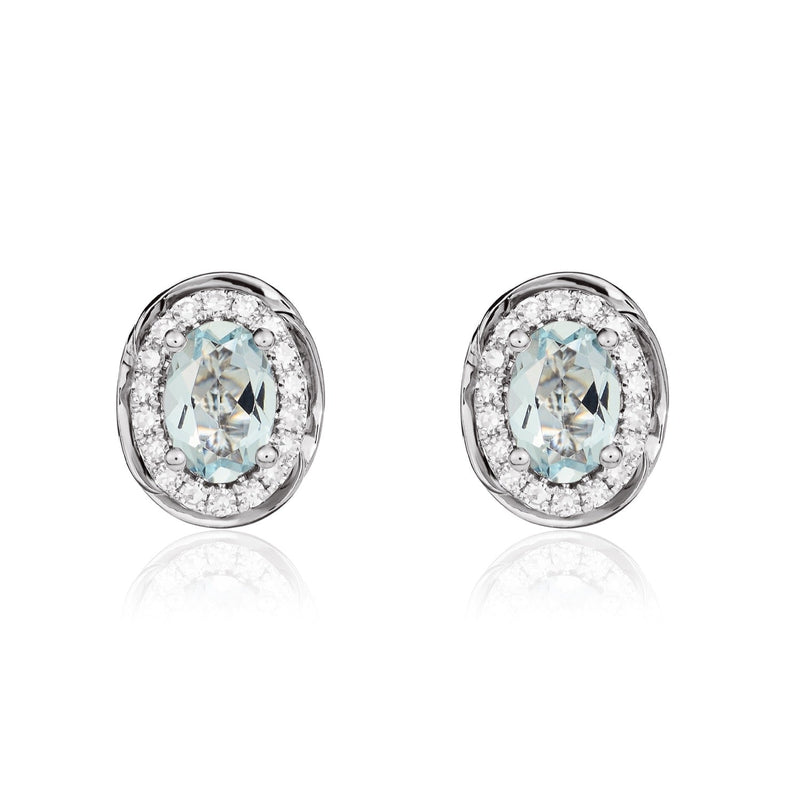 9ct White Gold Oval Natural Aquamarine & Diamond Rope Edge Cluster Stud Earrings — 6x4mm