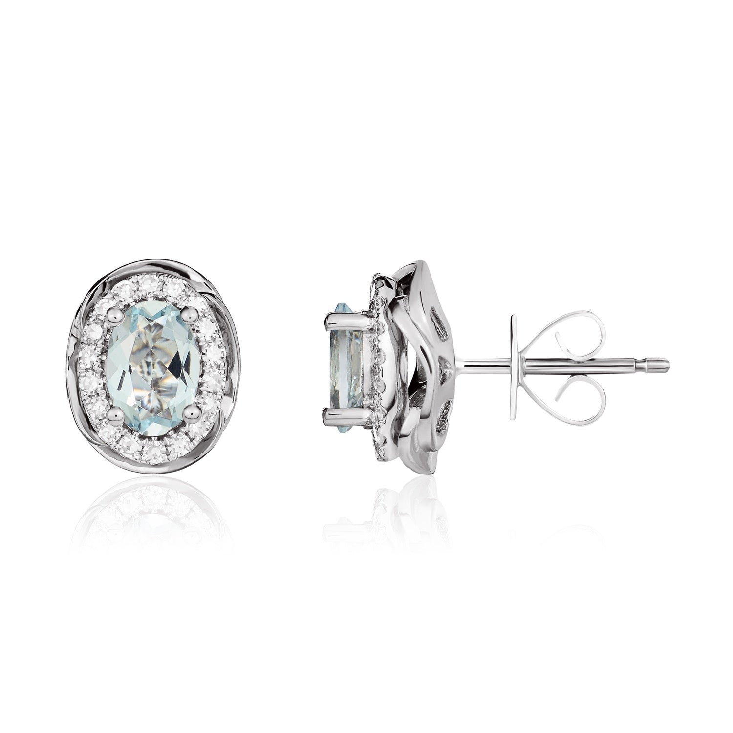 9ct White Gold Oval Natural Aquamarine and Diamond Cluster Earrings — 6x4mm
