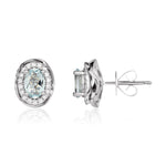 9ct White Gold Oval Natural Aquamarine & Diamond Rope Edge Cluster Stud Earrings — 6x4mm