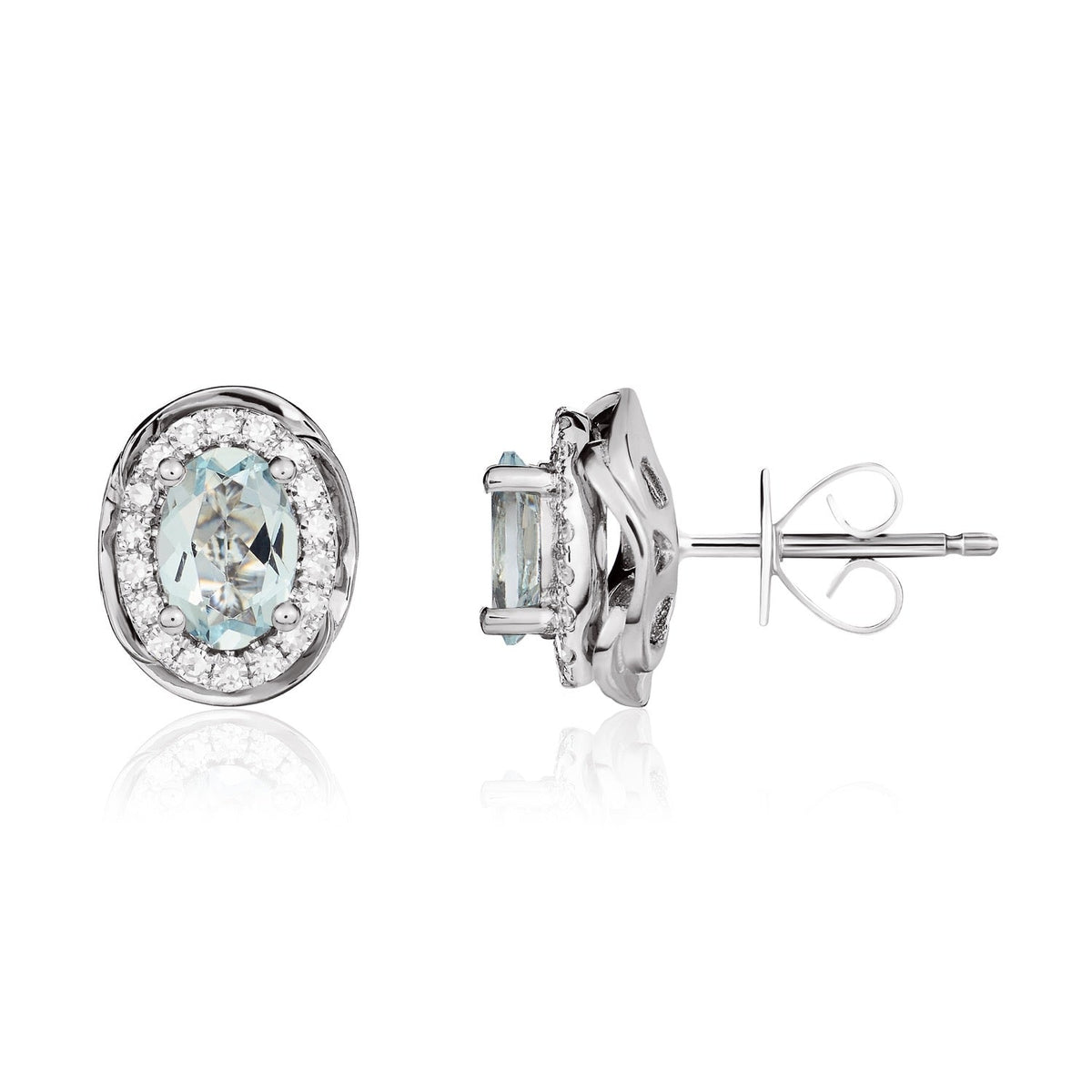 9ct White Gold Oval Natural Aquamarine & Diamond Rope Edge Cluster Stud Earrings — 6x4mm