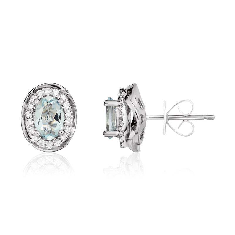 9ct White Gold Oval Natural Aquamarine & Diamond Rope Edge Cluster Stud Earrings — 6x4mm