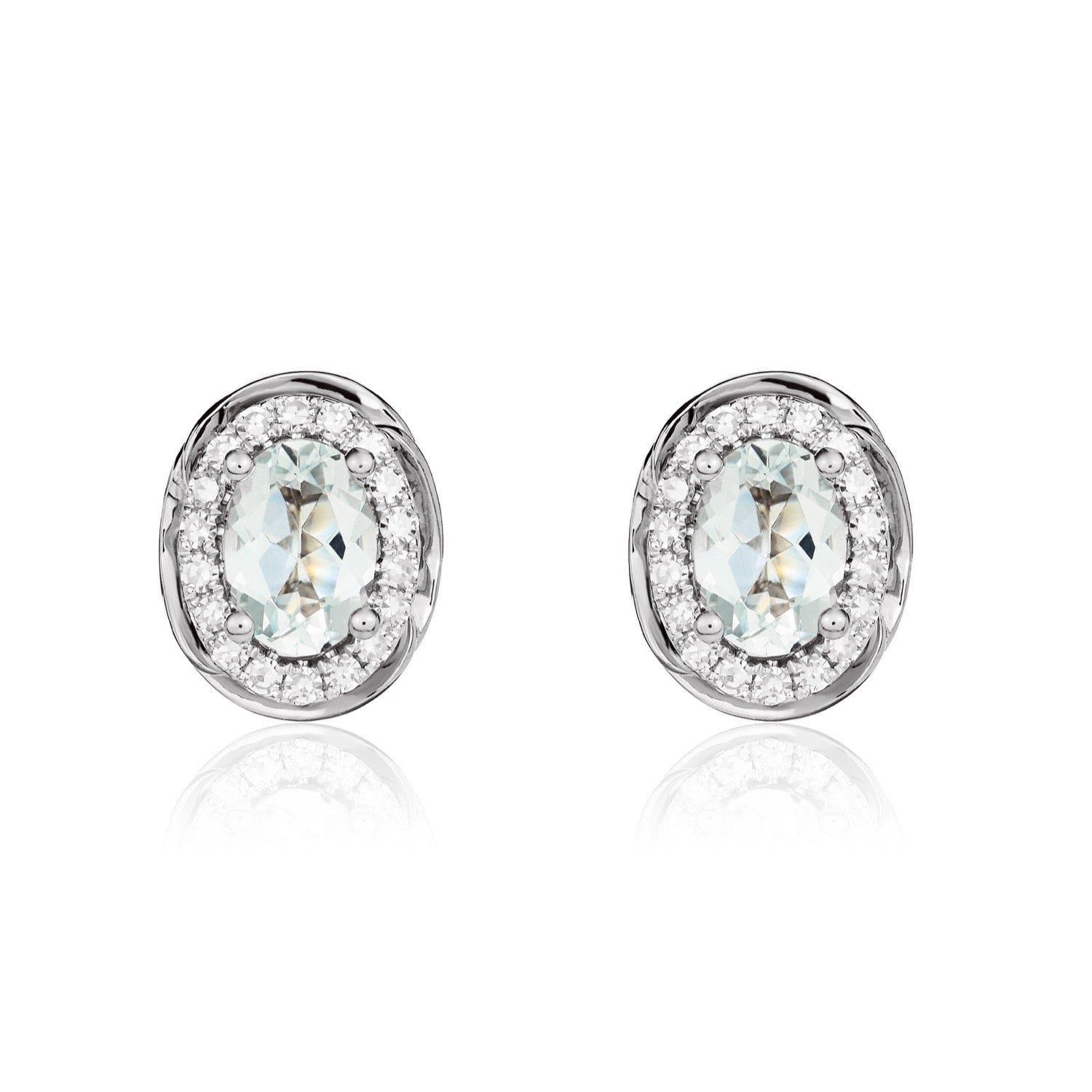 9ct White Gold Oval Aquamarine & Diamond Rope Edge Cluster Stud Earrings — 7x5mm