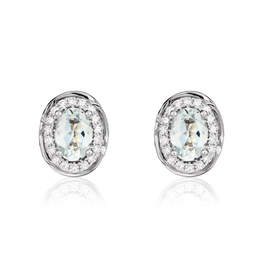 9ct White Gold Oval Natural Aquamarine and Diamond Rope Edge Cluster Stud Earrings — 7x5mm