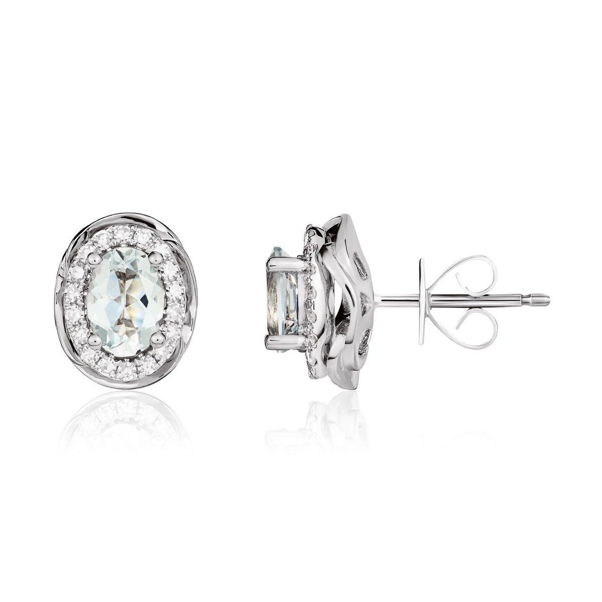 9ct White Gold Oval Natural Aquamarine & Diamond Rope Edge Cluster Stud Earrings — 7x5mm