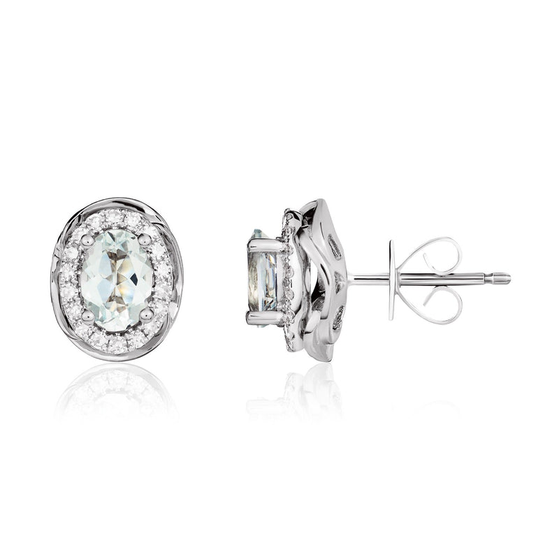 9ct White Gold Oval Natural Aquamarine & Diamond Rope Edge Cluster Stud Earrings — 7x5mm